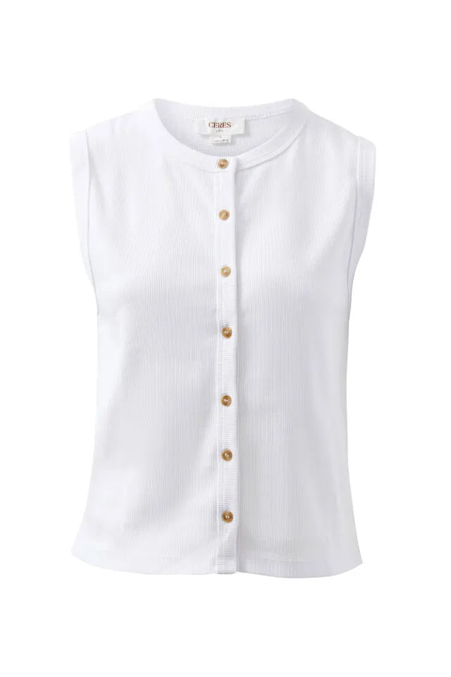 Lyla Button Through Rib Tank White
