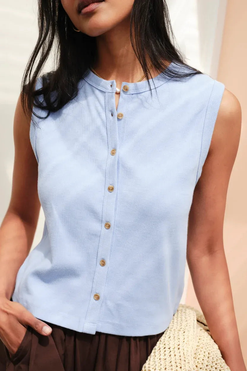 Lyla Button Through Rib Tank Sky Blue