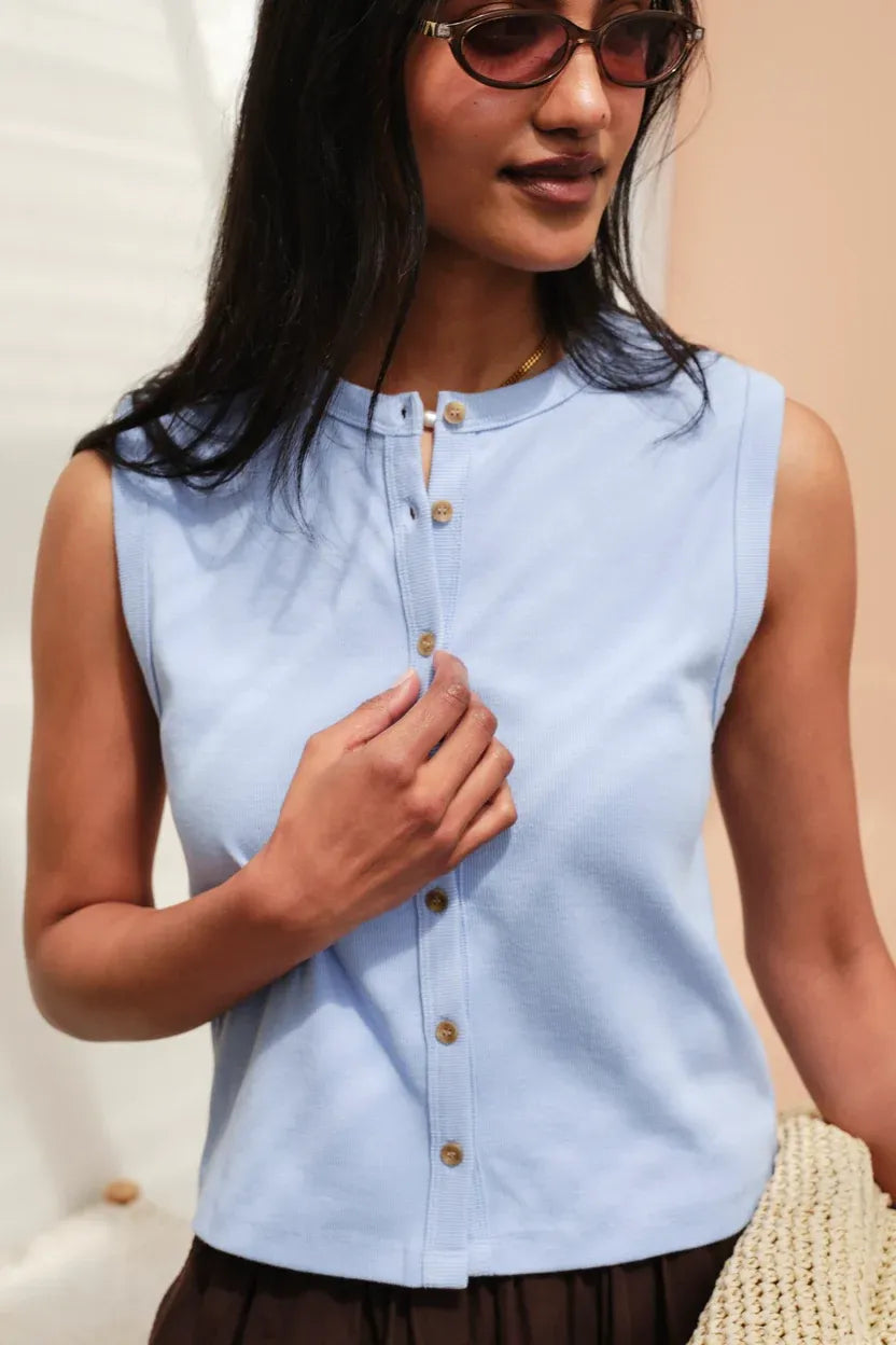 Lyla Button Through Rib Tank Sky Blue
