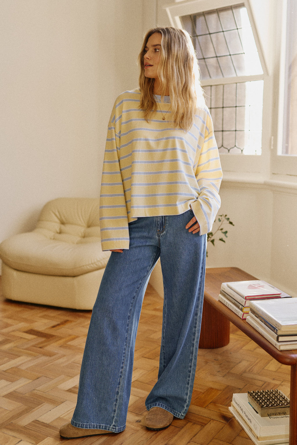 Beau Long Sleeve Slouchy Butter/China Blue Stripe