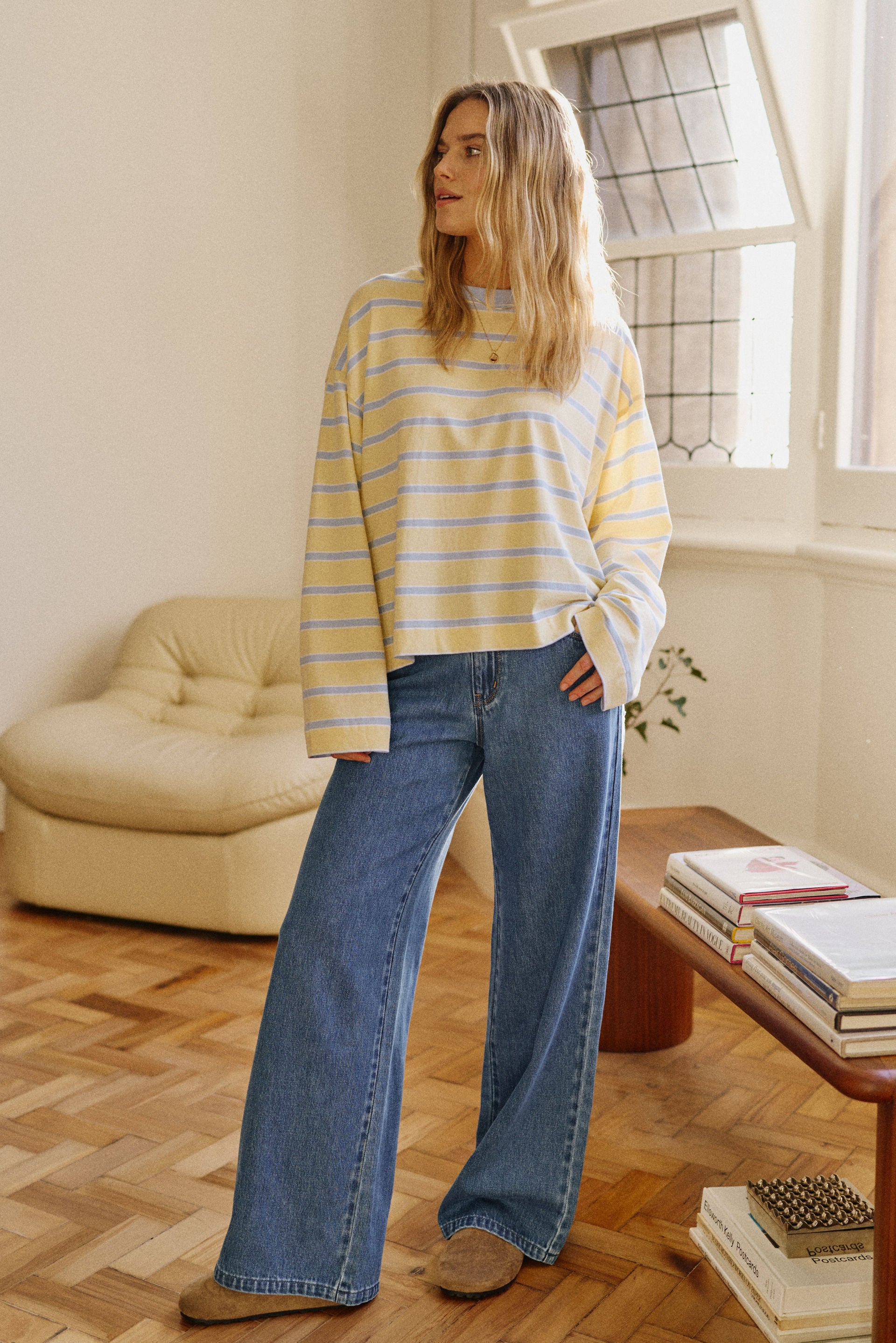 Beau Long Sleeve Slouchy Butter/China Blue Stripe