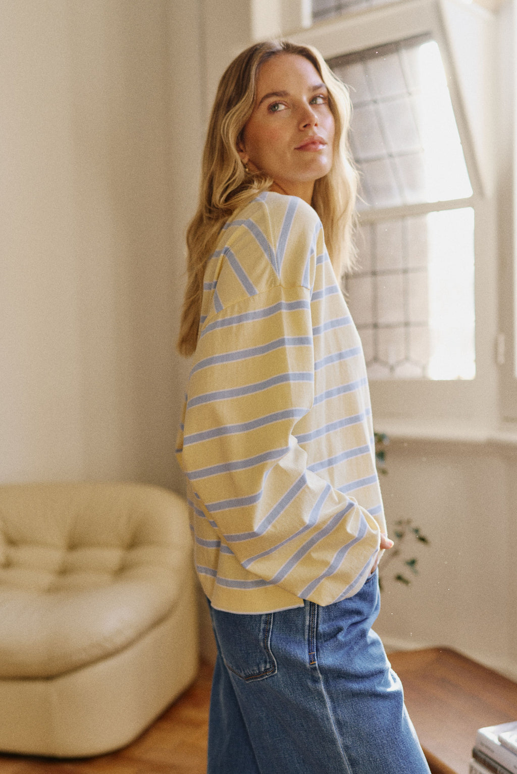Beau Long Sleeve Slouchy Butter/China Blue Stripe