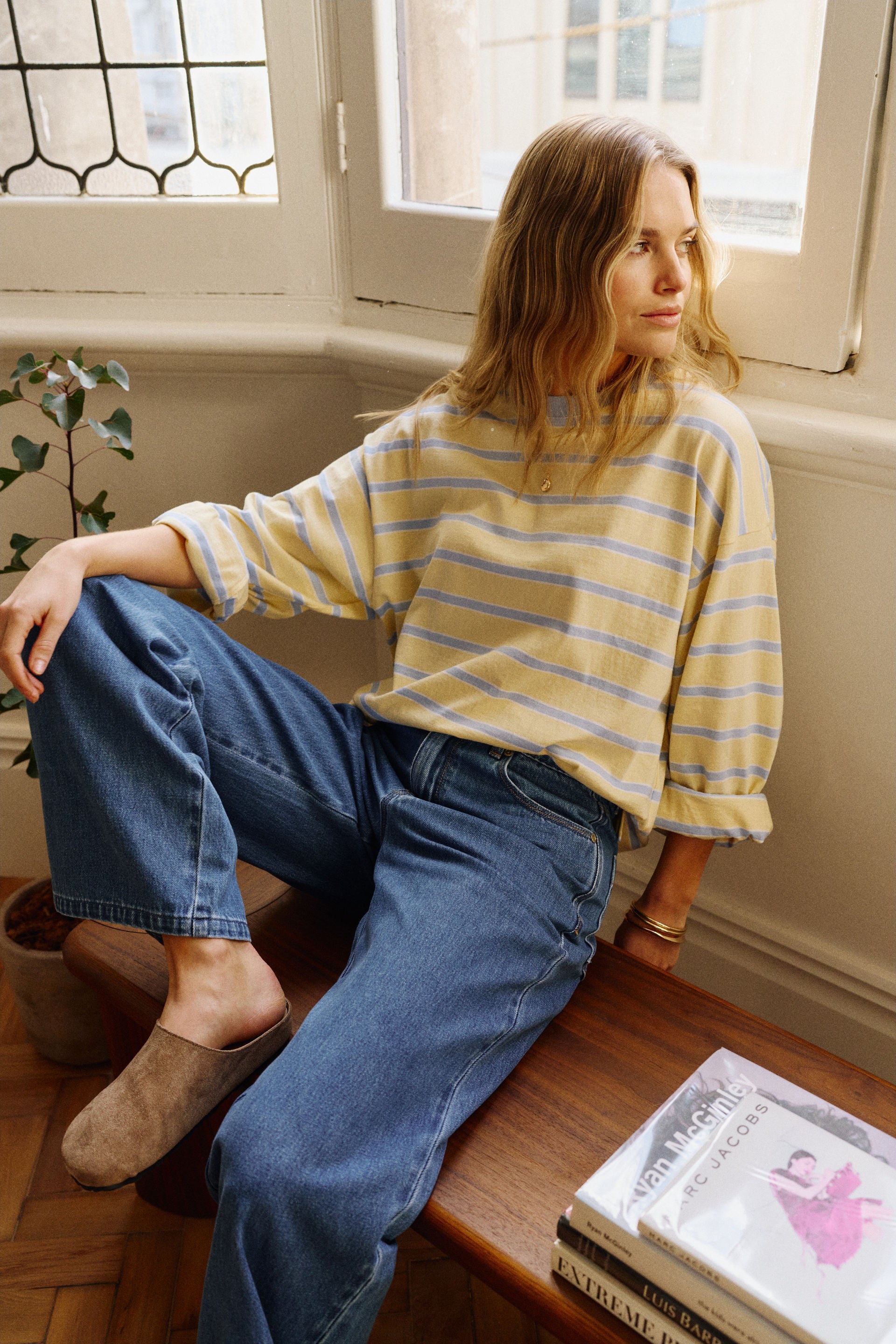 Beau Long Sleeve Slouchy Butter/China Blue Stripe