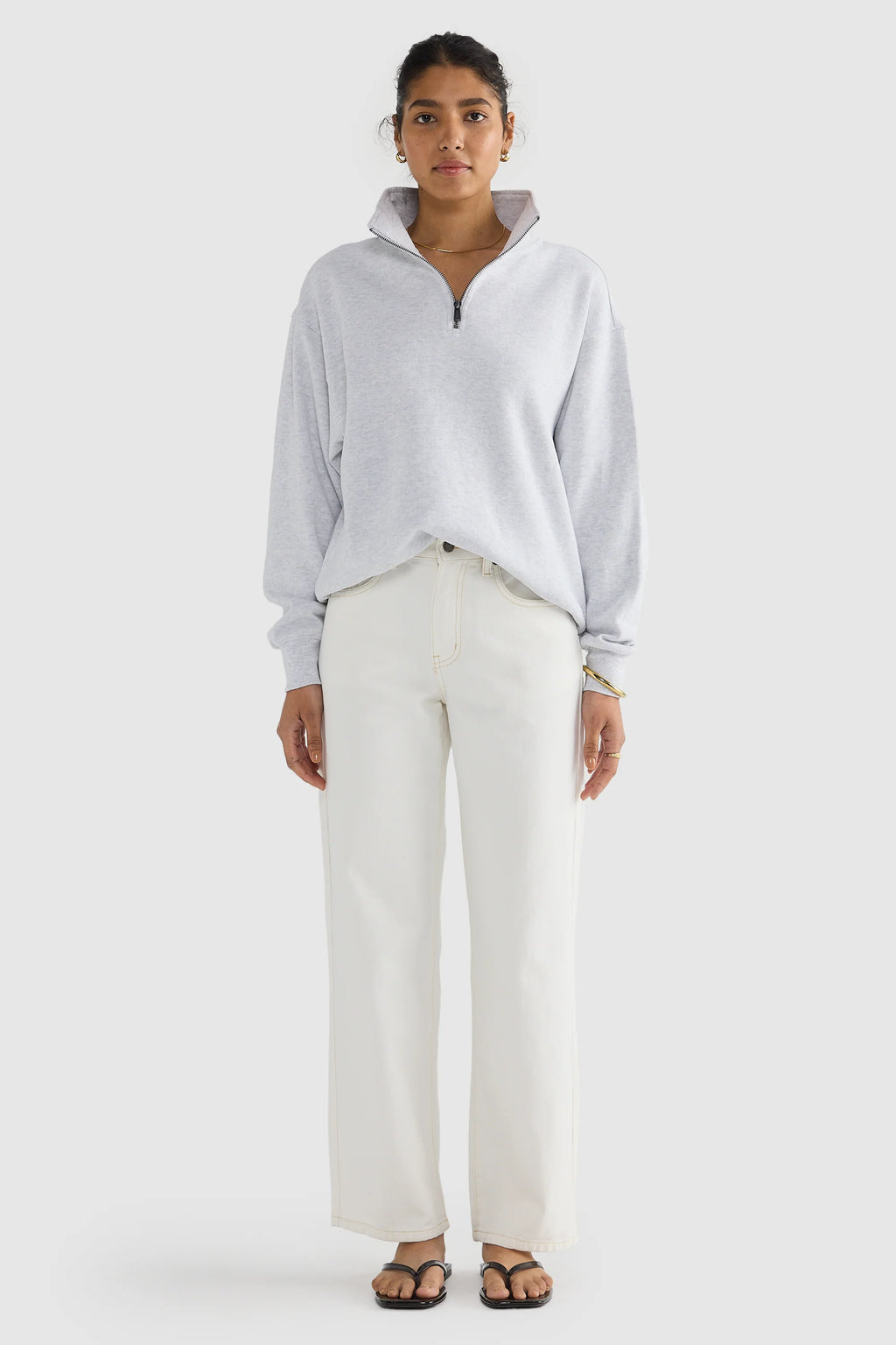 Ava Ribbed Quarter Zip White Marle