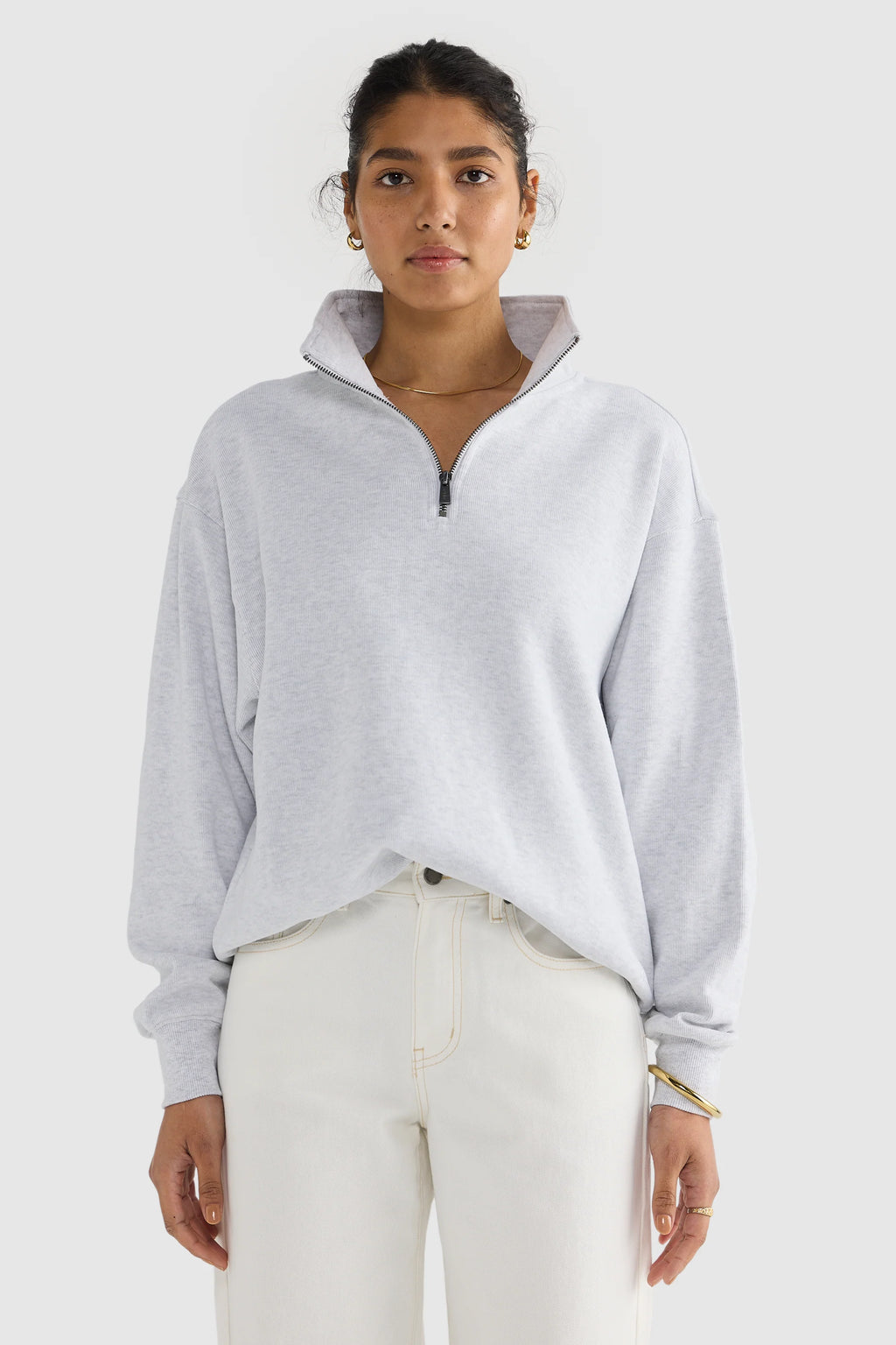 Ava Ribbed Quarter Zip White Marle