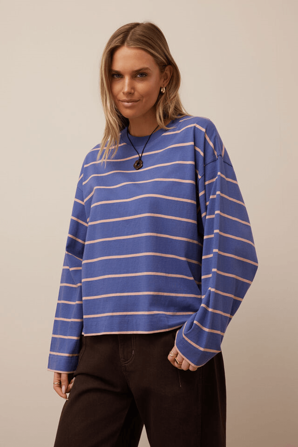 Beau Long Sleeve Slouchy Tee Navy/Pink Clay